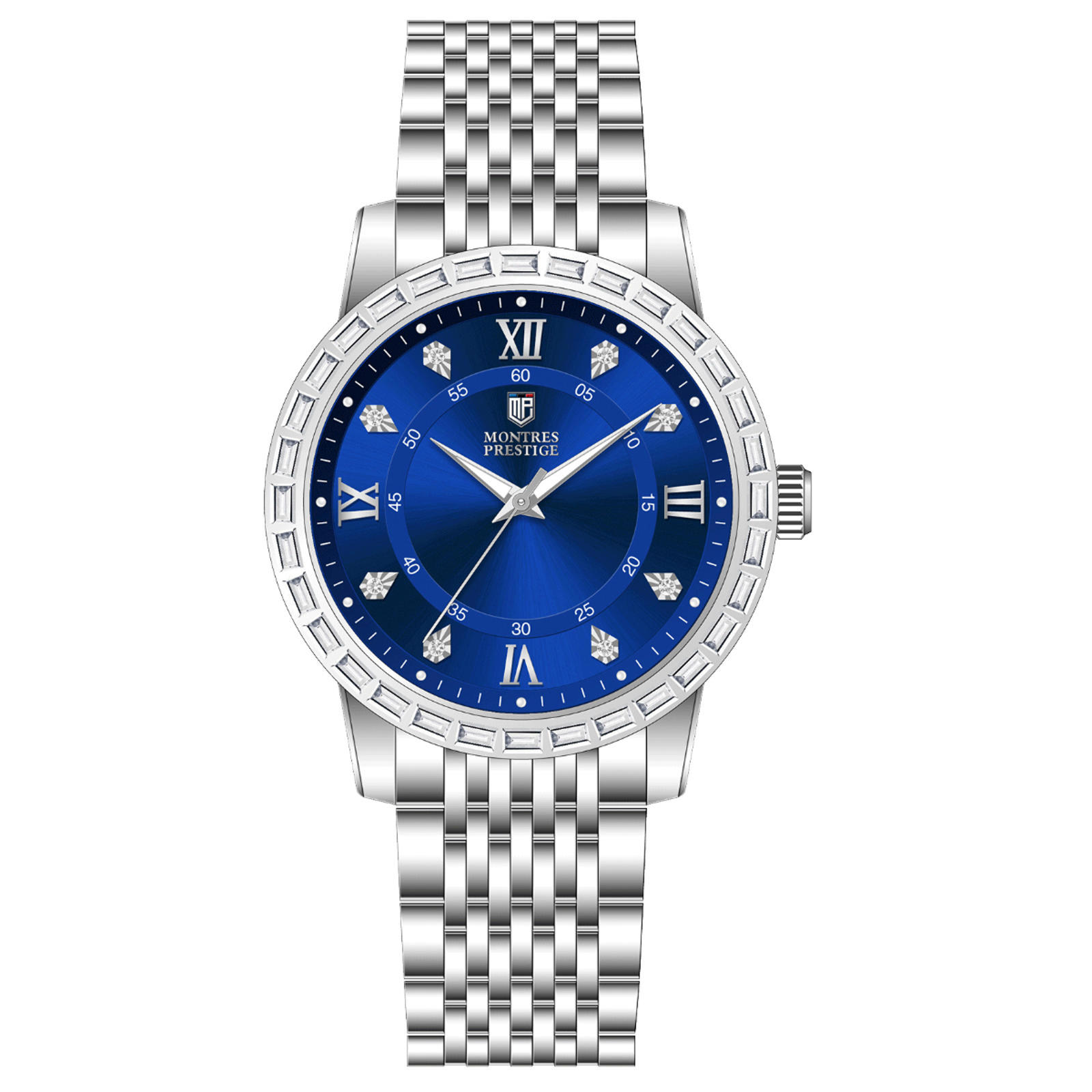 Montres Prestige Mens Silver Stainless Steel Watch With Blue Dial